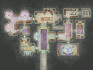Colorful top-down map of a wizard's or alchemist’s lab featuring magical chambers, bookshelves, worktables, and glowing crystals – ideal for dungeon crawls or magical intrigue.