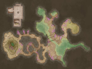 Illustrated cave map with glowing fungi, green pools, and hidden stone chambers – designed for immersive underground RPG adventures.