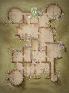 Structure Grid-based dungeon battlemap with broken stone walls and overgrown ruins – part of the Squire Patreon tier for RPG encounters.