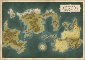 Illustrated fantasy world map of Alrius showing multiple continents, oceans, compass rose, and regional names – perfect for global-scale storytelling, RPG campaigns, and fantasy exploration.