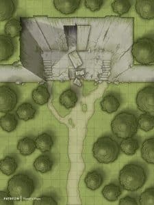Top-down fantasy RPG battlemap featuring a crumbling stone tomb in a forest clearing – ideal for ambushes, ancient ruins exploration, or puzzle encounters.