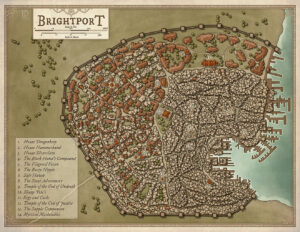 Highly detailed top-down map of a sprawling fantasy port city with named districts, taverns, temples, and docks – great for immersive urban RPG settings.