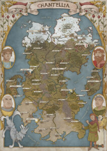 Storybook-style illustrated map of a fantasy continent with detailed regions, kingdoms, and character portraits – ideal for campaign backdrops or lore-rich storytelling.