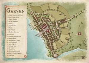 Colorful top-down map of a coastal town with labeled buildings, docks, and roads – includes town hall, markets, and lighthouse for RPG exploration.