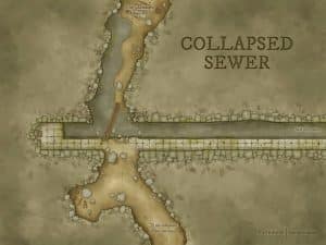 Grid-based battlemap of a broken sewer tunnel with murky water, rubble, and stonework – ideal for dark fantasy encounters or urban dungeon crawls.
