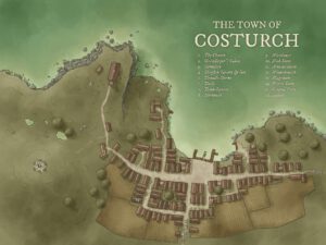Top-down illustrated town map with labeled buildings including cemetery, inn, docks, and herbalist – ideal for small-town encounters in tabletop RPG adventures.