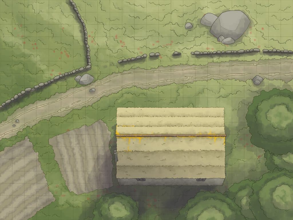 Rustic overhead battlemap of a thatched-roof cottage surrounded by farmland, stone walls, and forest edge – great for ambushes, village roleplay, or quiet rural quests.