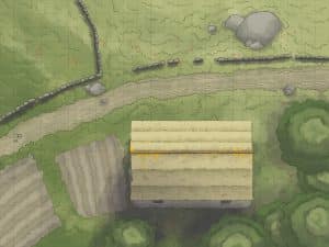 Rustic overhead battlemap of a thatched-roof cottage surrounded by farmland, stone walls, and forest edge – great for ambushes, village roleplay, or quiet rural quests.