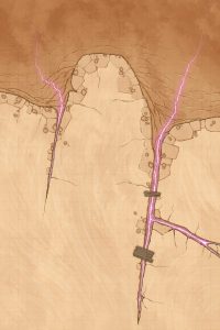 Fantasy desert battlemap featuring wide cliffs, glowing pink magical fractures, and makeshift wooden bridges – designed for high-stakes encounters in arid environments.