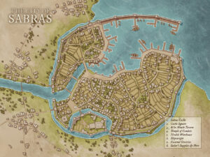 Top-down map of the desert port city of Sabras with labeled districts, castle, tavern, and shipyards – ideal for merchant campaigns or coastal RPG adventures.