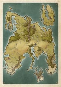 Hand-drawn fantasy world map of Dinfera featuring cities like Ironwood, Wilderiver, and Fallmage – ideal for RPG campaign settings and fantasy storytelling.