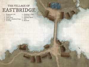 Top-down map of Eastbridge village with labeled locations including docks, tailor, inn, and church – designed for small-town RPG adventures and riverside encounters.