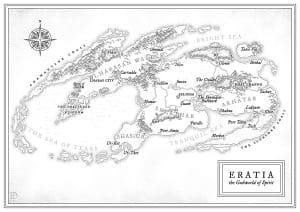 Monochrome fantasy map of Eratia featuring regions like Olharasan Wastes, Akhatar, and the Sea of Tears – ideal for divine-themed RPG settings and spiritual exploration.