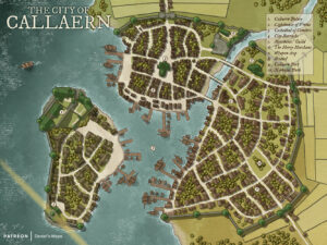 Highly detailed city map of Callaern with labeled landmarks, harbor districts, and city walls – ideal for immersive urban adventures and RPG storytelling.