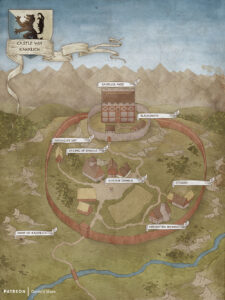 Isometric castle town map showing a walled settlement with labeled locations like chapel, blacksmith, tavern, and herbalist hut – great for RPG fortress encounters.