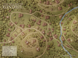 Top-down forest village map of Gindril featuring scattered homes, winding roads, and riverside terrain – perfect for forest-bound encounters in tabletop RPGs.