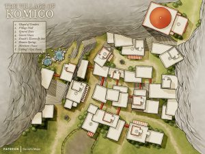 Overhead map of the cliffside village of Komico with labeled locations including tavern, chapel, and hot springs – ideal for mountainous campaign settings or fantasy exploration.