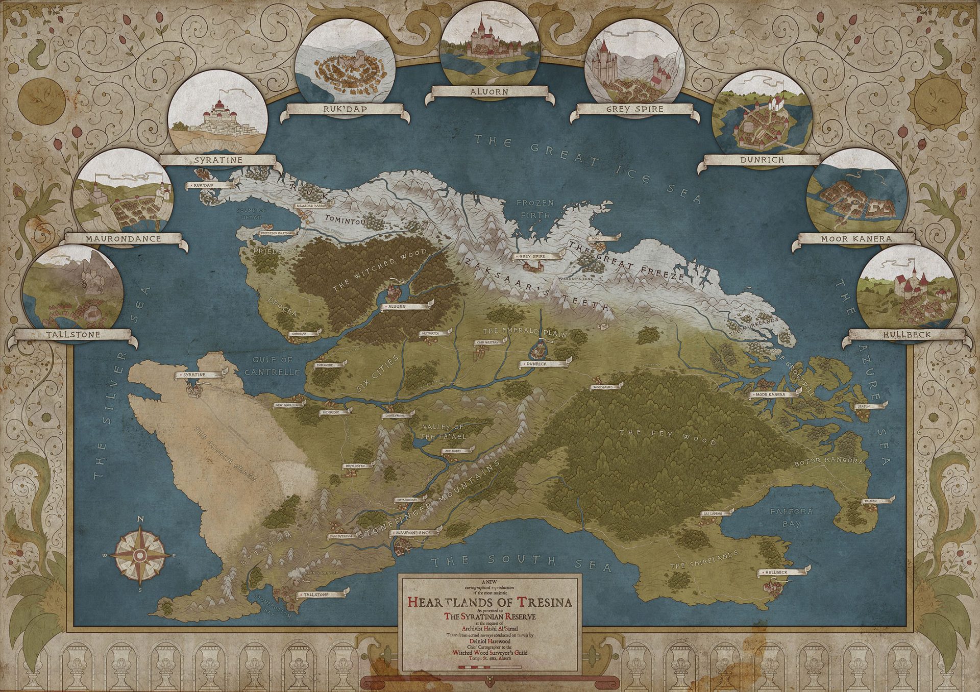 tresina fantasy world map with illustrations
