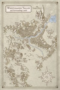 Illustreted map with subtle colors and a large castle