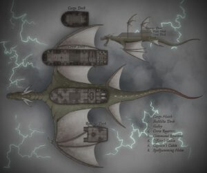 Dark fantasy airship deckplan set on a massive dragon chassis, with lightning background and labeled zones – perfect for spelljammer campaigns, sky adventures, and high fantasy RPG maps.