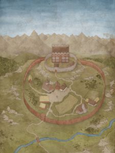Top-down map of a medieval village with surrounding farmland and fortified wooden walls, nestled near a river crossing – designed for castle siege settings, village encounters, or historical campaigns.