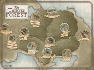 Hand-drawn regional map of Thieves Forest featuring labeled landmarks like taverns, training schools, magical springs, and mysterious monoliths – great for campaign regions.