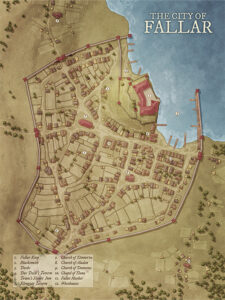 Top-down map of Fallar, a medieval waterfront city with labeled locations and fortified walls – ideal for setting scenes in coastal RPG campaigns.