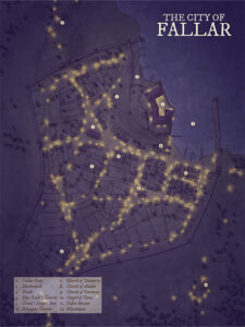 Fantasy map of Fallar illuminated at night with glowing lights along streets and key locations – perfect for heists, curfews, or nocturnal encounters.