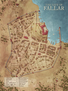 Alternate version of the Fallar town map in an arid setting, showing dusty streets, fields, and buildings – suited for desert-themed campaigns.
