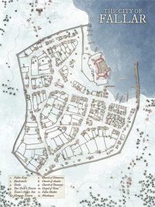 Snow-covered version of the Fallar city map with icy docks and frosted rooftops – great for wintry quests or seasonal fantasy adventures.
