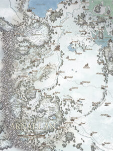 Frosted regional map of Arnallan with snow-covered terrain and icy rivers – excellent for arctic adventures or winter-based RPG encounters.