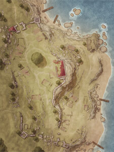 Abandoned coastal village map with worn paths, collapsed homes, and overgrown docks. Great for post-battle exploration, haunting tales, or cursed shoreline adventures.