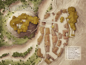 Fantasy monastery complex nestled in cliffs, connected by stone bridges. Perfect for divine quests, monastic orders, or ancient mysteries tied to mountain sanctuaries.