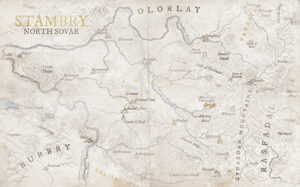Fantasy regional map of Stambry in North Sovar, showing deep forests, riverlands, and mountainous passes. Great for border patrols, feudal skirmishes, and nature-based campaigns.
