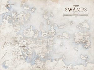 Faded regional map of a vast swampy archipelago, with scattered towns, sunken ruins, and muddy channels. Best for grim journeys, monster lairs, and survival across lost wetlands.