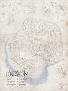 Light-faded fantasy map of Derwon, showing a once-grand hilltop city. Excellent for ruin exploration, lost heritage plots, or reclaiming ancient cities.