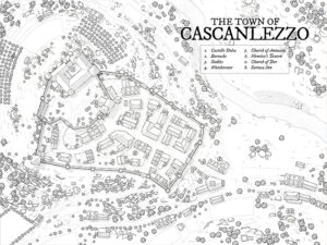 Black-and-white map of the fortified town of Cascanlezzo. Ideal for coloring, custom edits, or minimalist fantasy presentations with a tactical edge.