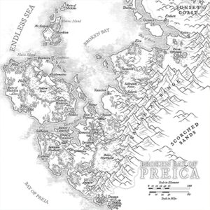 Fantasy coastal map of the Broken Bay of Preica, with rugged shorelines, clustered isles, and mountain barriers. Perfect for pirate pursuits, sea-spanning wars, or lost coastal kingdoms.