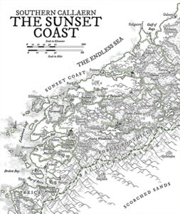 Fantasy regional map of the Sunset Coast, tracing winding rivers, seaside towns, and mountain edges. Great for merchant voyages, frontier expansions, or sun-drenched coastal intrigues.