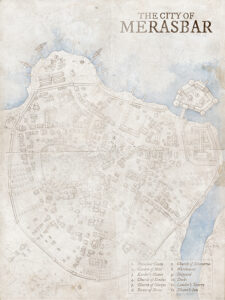 Fantasy port city map of Merasbar, with walled districts, island fortresses, and sacred temples. Designed for dockside dramas, urban power struggles, and ancient divine relics.