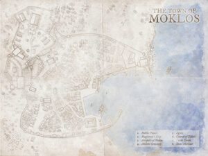 Seaside town map of Moklos, featuring scattered districts, harbor piers, and graveled ruins. Ideal for ghost-haunted coastlines, archaeological digs, or smugglers' havens.