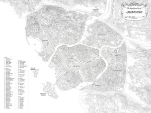 Highly detailed linework map of the sprawling city of Mirrouse, with district names and labeled landmarks. Perfect for political campaigns, district-level planning, or custom urban adventures.