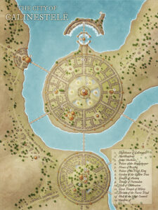 Majestic elven city map with radiant circles, spires, and holy gardens. Ideal for divine politics, sacred pilgrimages, and high-magic capital storylines.