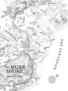 Black-and-white fantasy coastal map of the Murr Shore, featuring forested cliffs, river mouths, and distant isles. Perfect for shipwreck adventures, sea raids, or hidden coves.