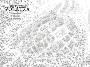 Hand-drawn jungle town map of Volatza, featuring temple complexes and tree-covered paths. Great for primal faiths, elder mysteries, or druidic power struggles.