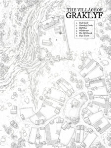 Linework map of the mountain village of Graklyf, with cliffside fortifications and narrow trails. Designed for border defenses, snowy ambushes, or cursed chapel tales.