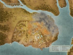 Fantasy town map of Saskaar engulfed in flames and smoke. Shows palaces, temples, and marketplaces amid chaos. Ideal for invasion scenes, last stands, or catastrophic story events.