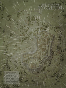 Storm-swept fantasy map of Sycaeum, built on a rocky hill with ancient ruins and fortified walls. Great for dramatic encounters, flash floods, or divine intervention plots.