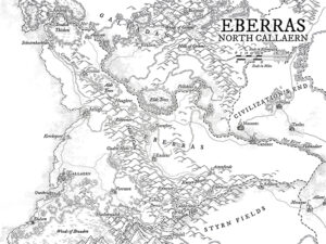 Monochrome regional fantasy map of Eberras, North Callaern. Features dense mountain chains, rivers, and ancient forts. Perfect for wilderness campaigns, dwarven domains, or frontier wars.