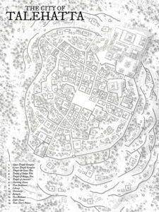 Intricate line art map of Talehatta, a fortified temple city. Features walled districts, palaces, and spiritual complexes. Excellent for high fantasy cities, divine conflicts, or cartographic design.